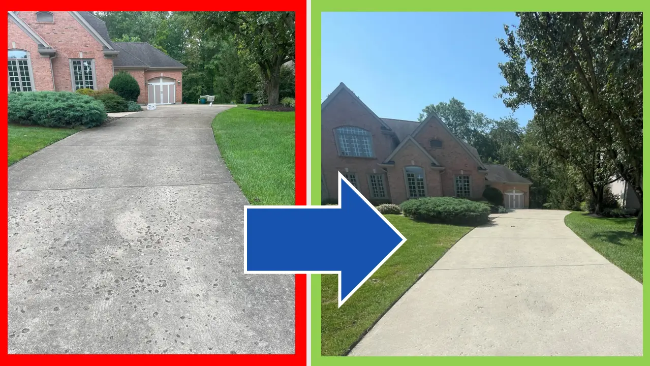 before and after of pressure washing of long driveway by helping hand cincy